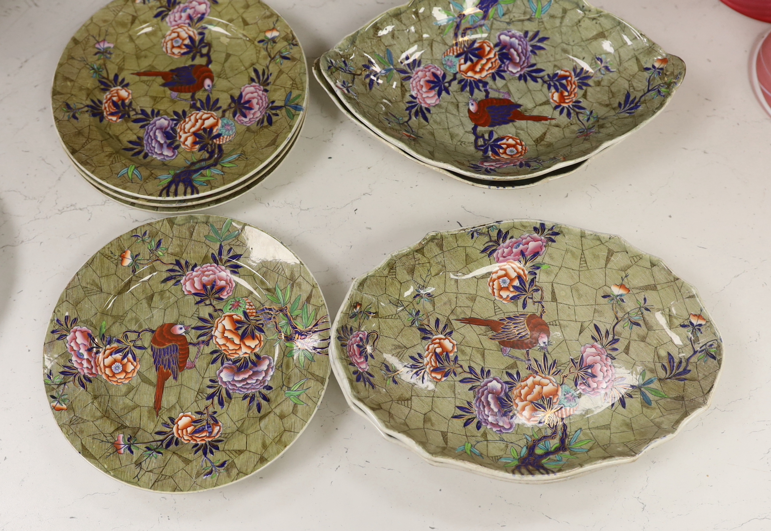 A Spode ‘Tumbledown Dick’ part dessert service, early 19th century, decorated with birds and flowers